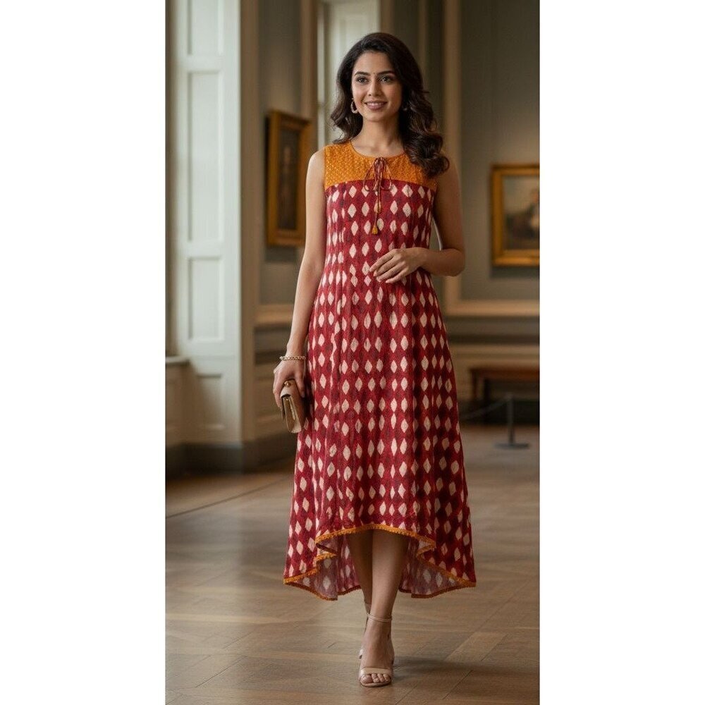 Women's - Benzer Sleeveless Red Printed Kurta Dress, Size 34 (US 2)